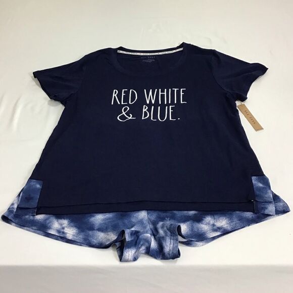 RAE DUNN RED WHITE & BLUE Tye-Dye Short Pajama Set - Picture 1 of 11